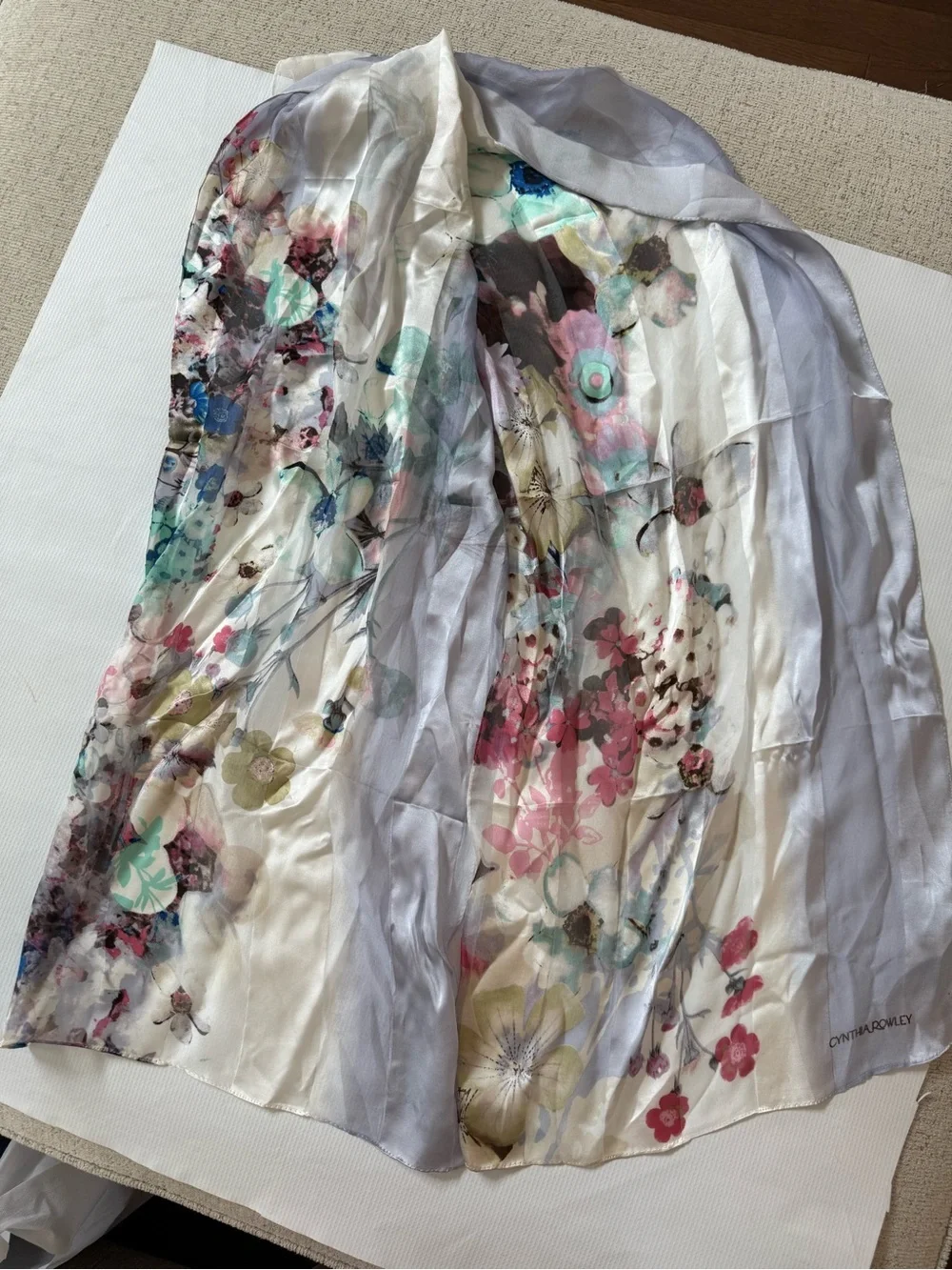 Cynthia Rowley Light Blue Floral Striped Silk Scarf